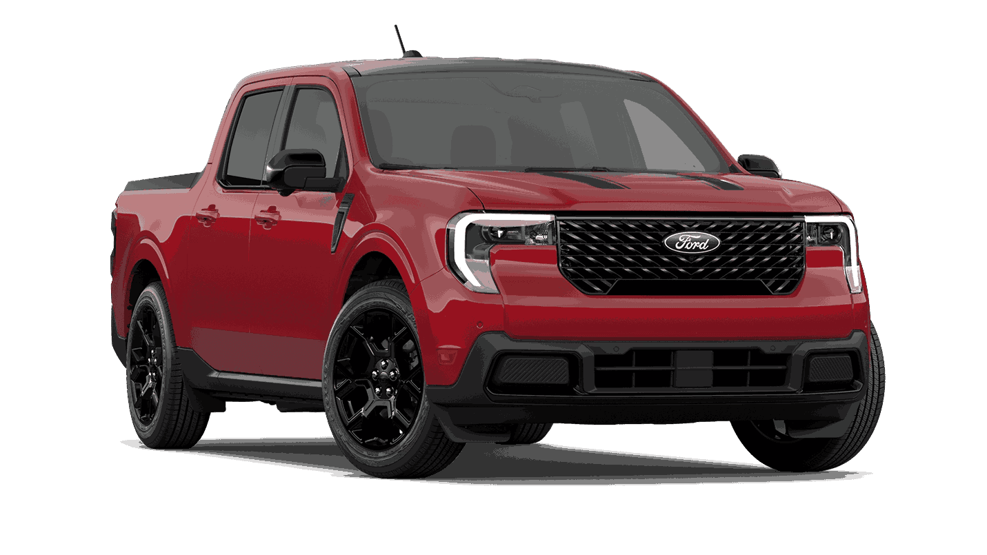 Red 2026 Ford Maverick Lariat, front three-quarter view