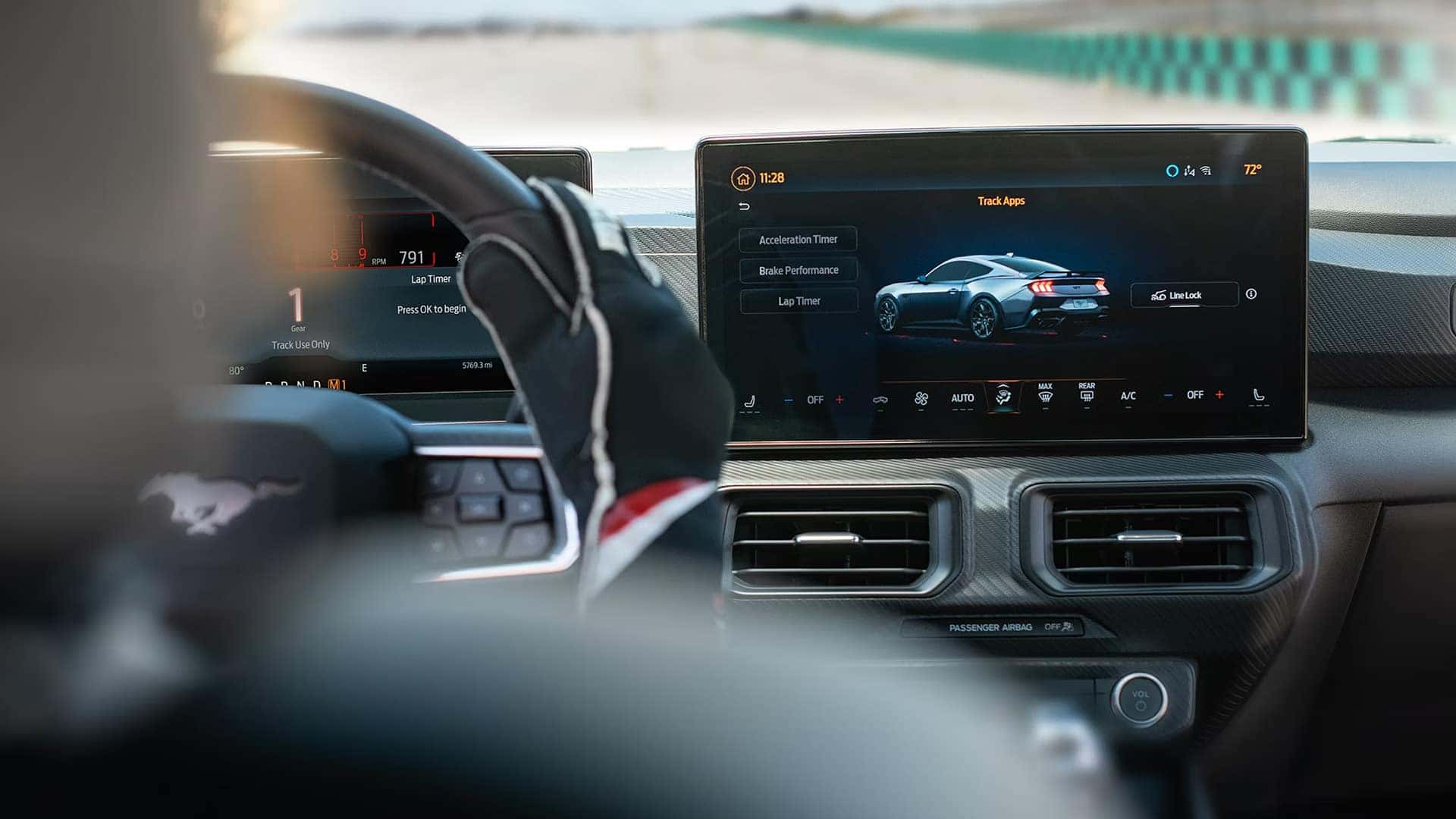 2026 Ford Mustang Track Apps screen showing acceleration timer, brake performance, lap timer, and Line-Lock features