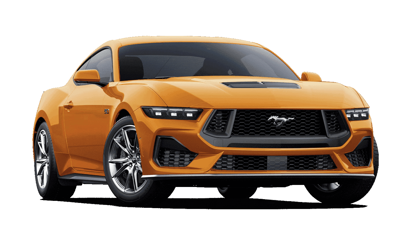 Orange 2026 Ford Mustang GT Premium Fastback shown from the front three-quarter view