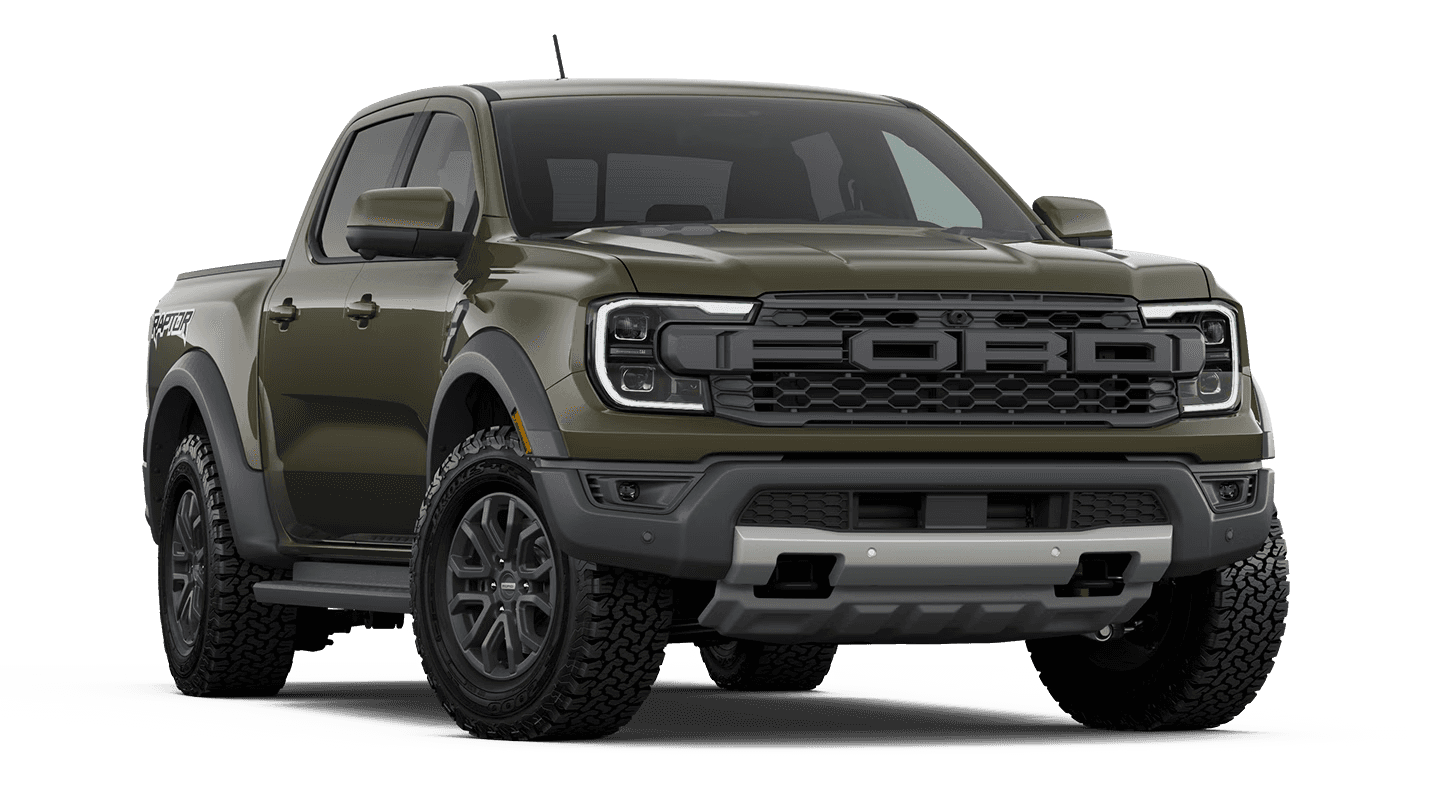 Green 2026 Ford Ranger Raptor pickup, front three-quarter view
