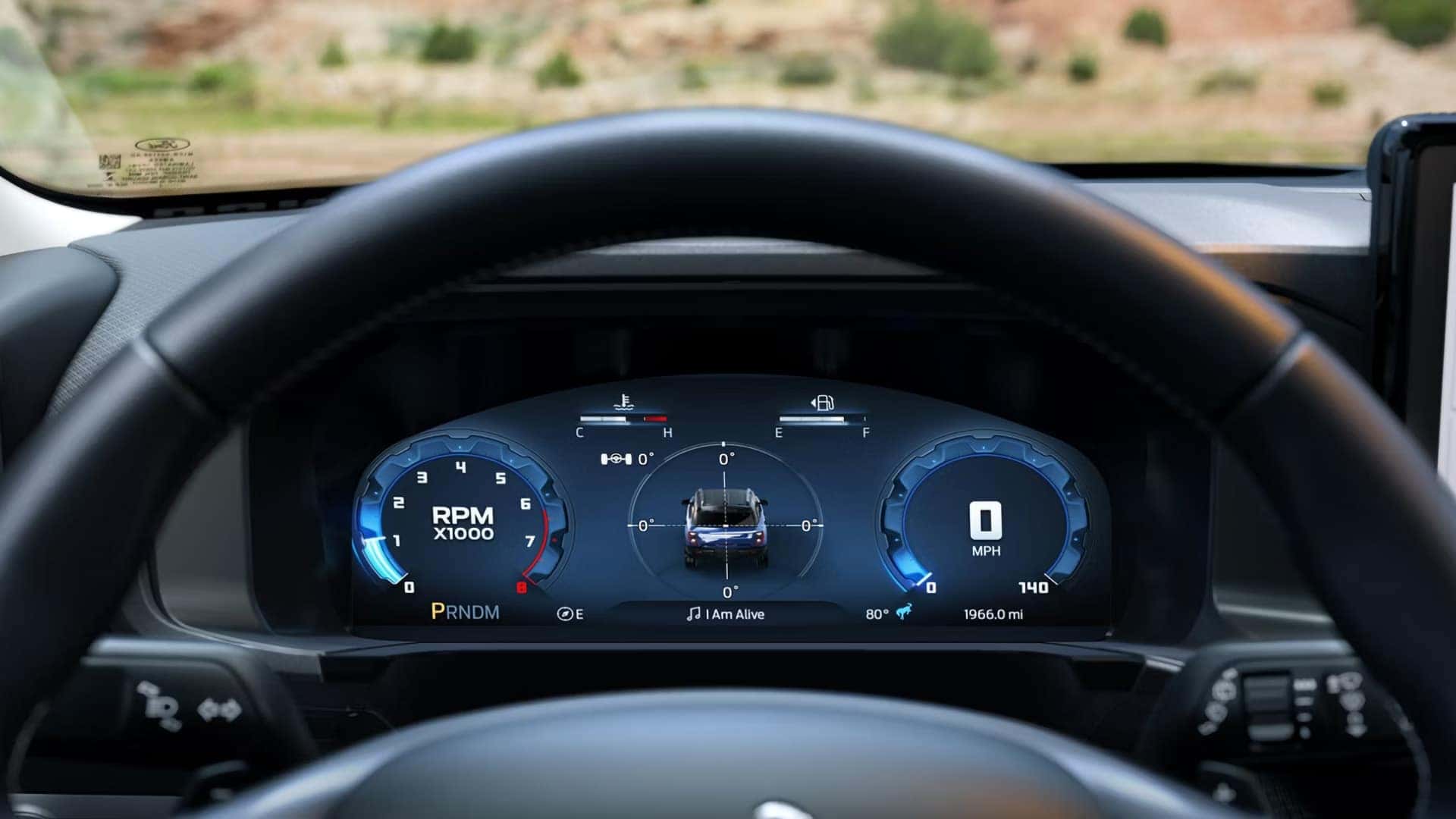 Ford Bronco Sport digital instrument cluster displaying pitch and roll angles, speed, and engine RPM