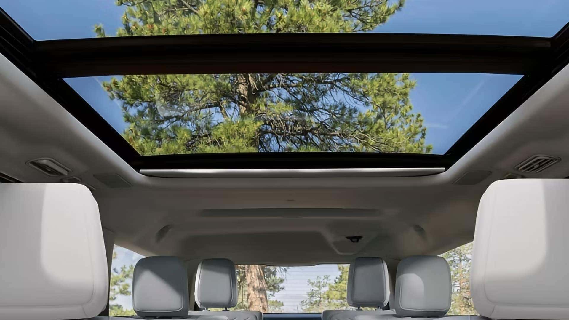 2026 Ford Expedition interior with panoramic Vista Roof above the passenger seating area