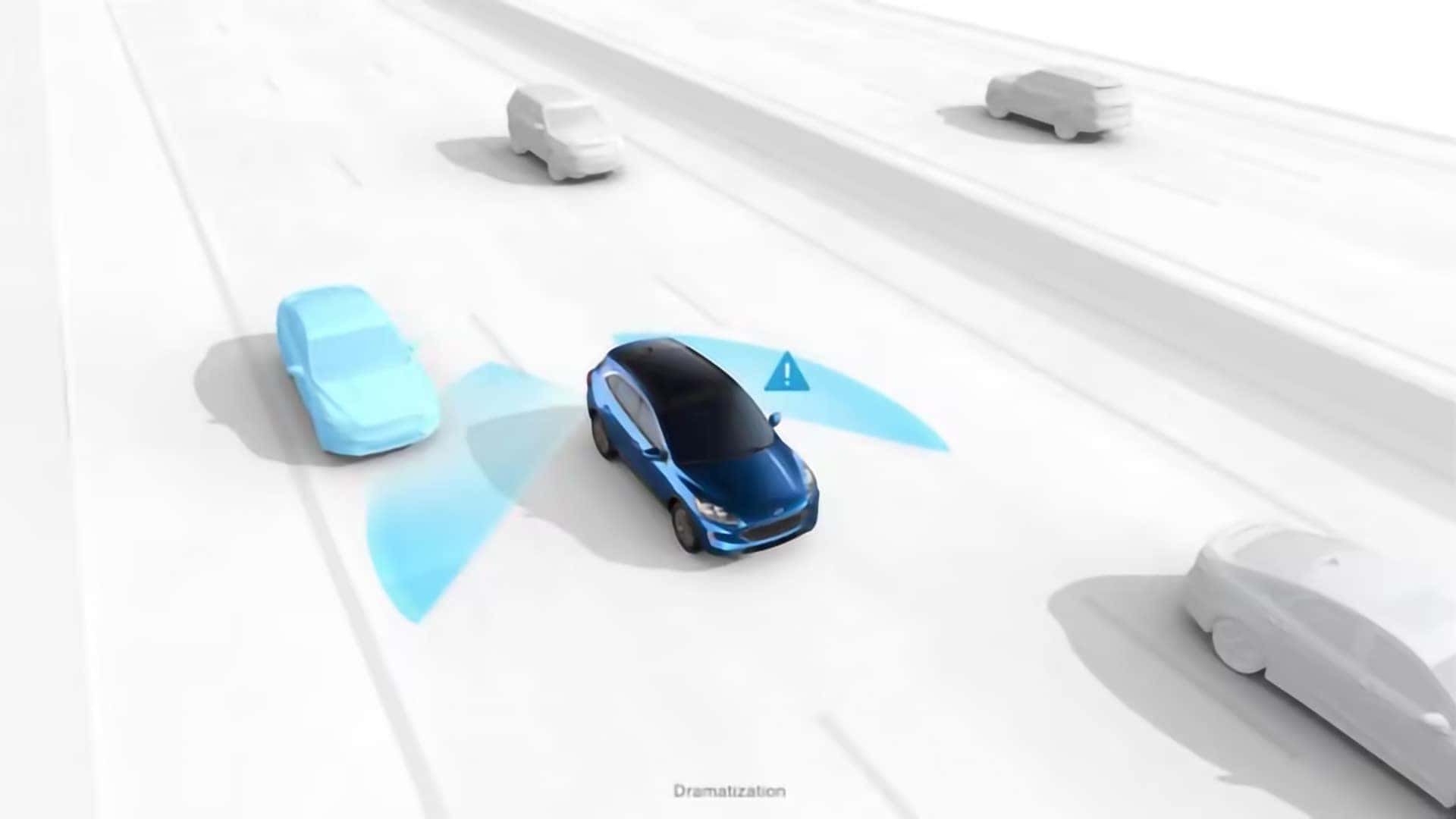 Illustration of Ford driver-assist technology monitoring nearby vehicles and traffic around an SUV
