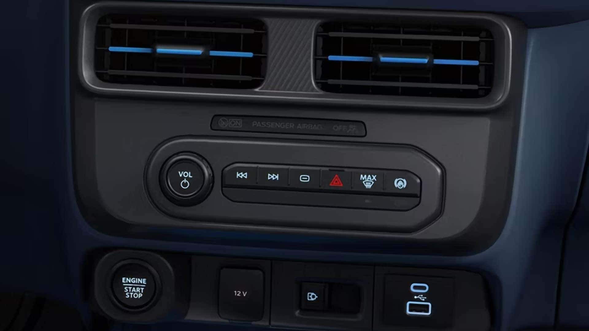 Close-up of the 2026 Ford Maverick dashboard vents and control panel