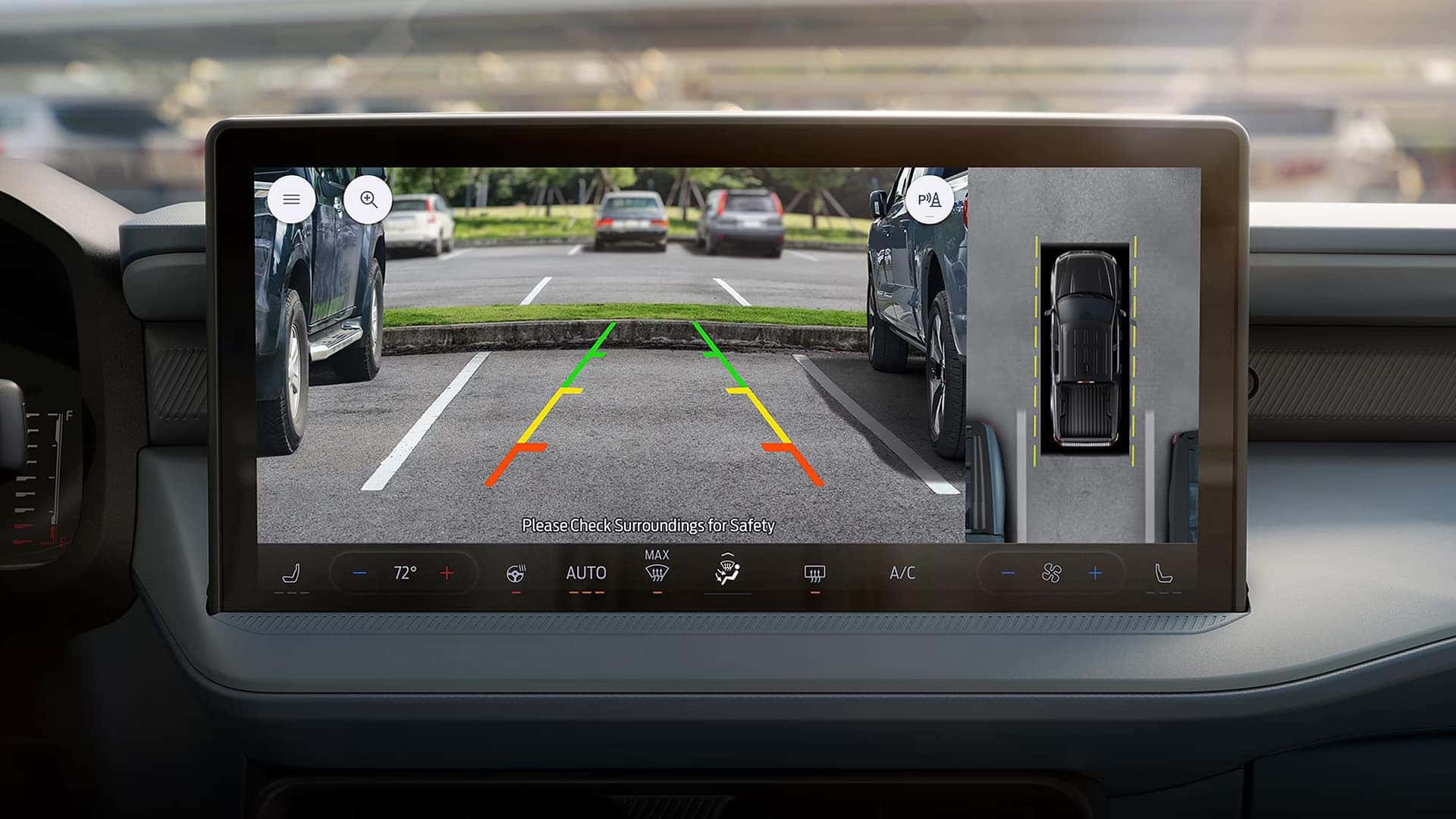 Ford Maverick touchscreen showing a rear camera view and overhead parking view