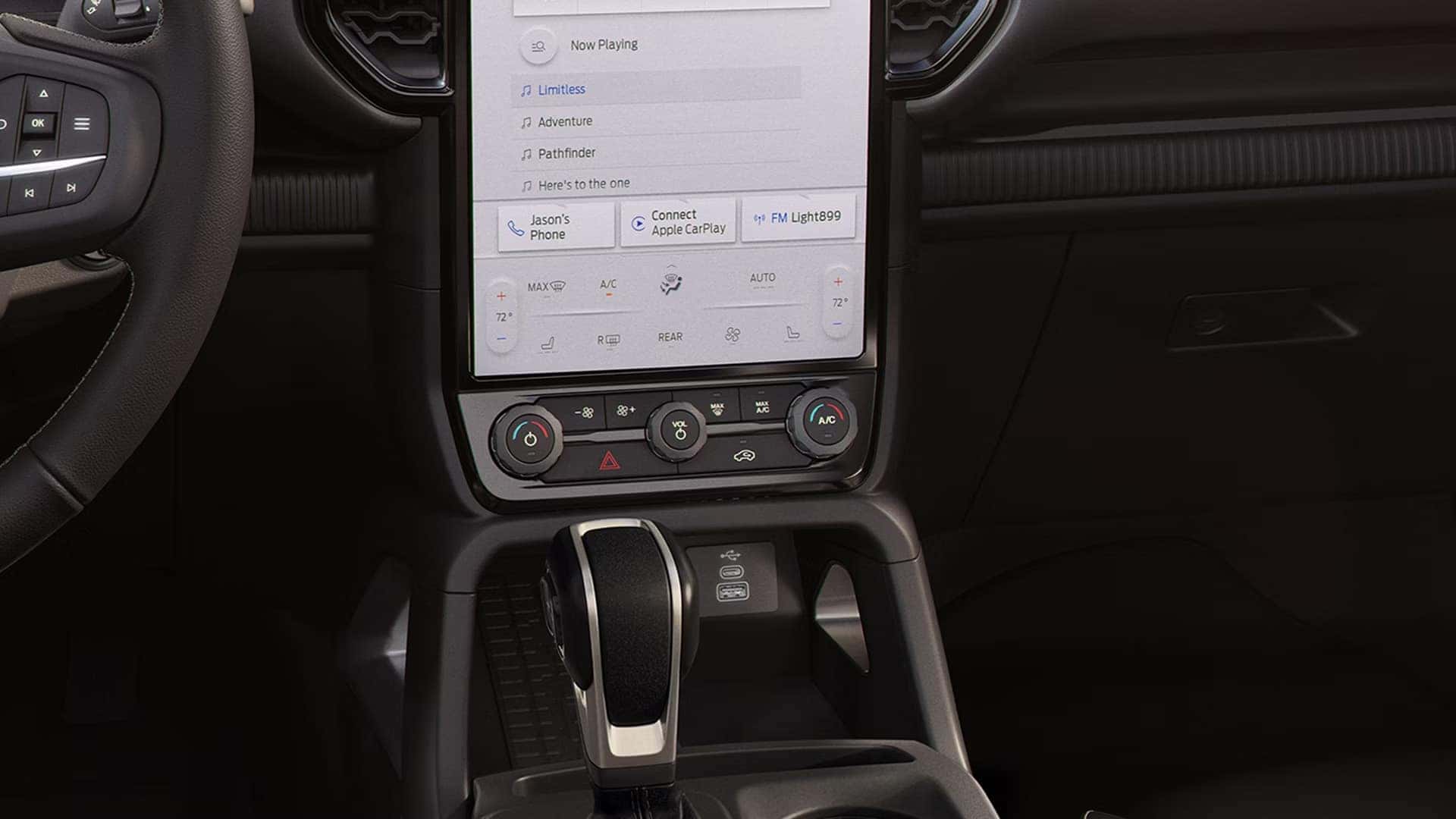 2026 Ford Ranger center touchscreen with climate controls, gear shifter, and USB ports