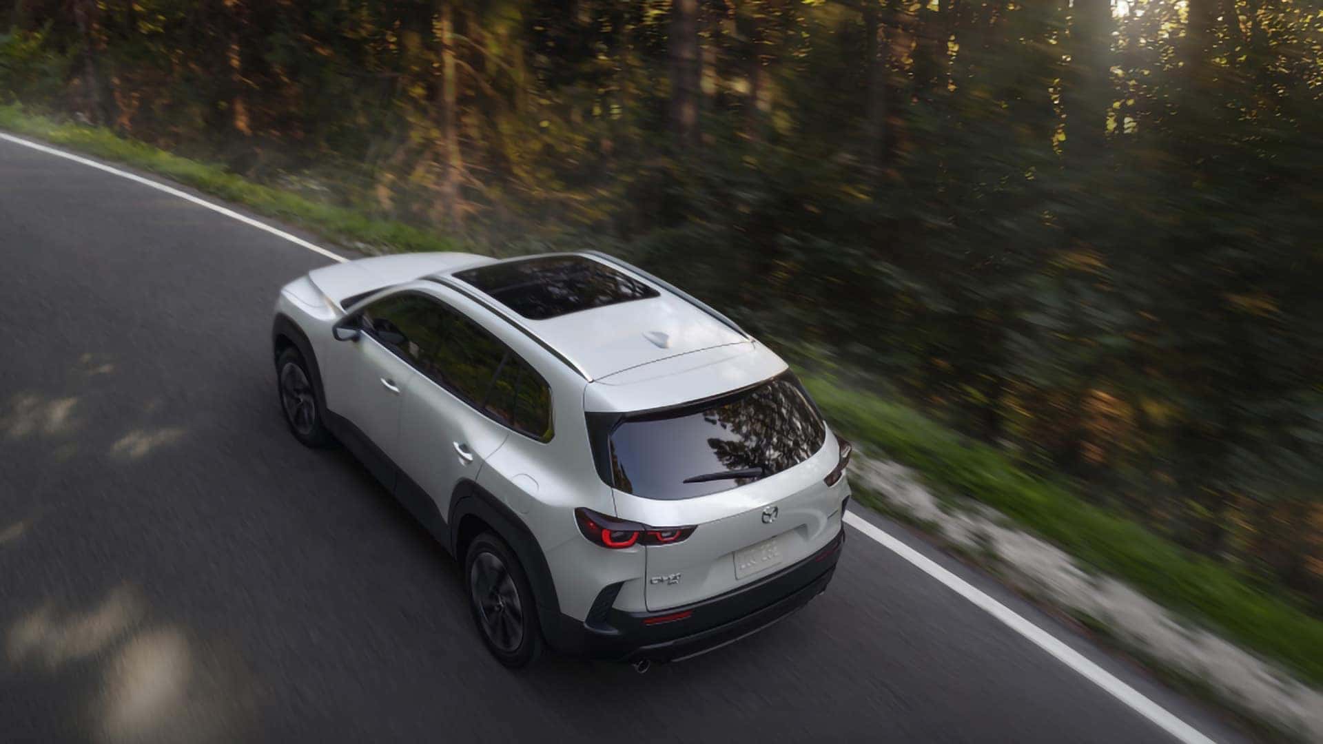 Overhead rear view of a white 2026 Mazda CX-50 Hybrid showing its panoramic moonroof while driving through a forest