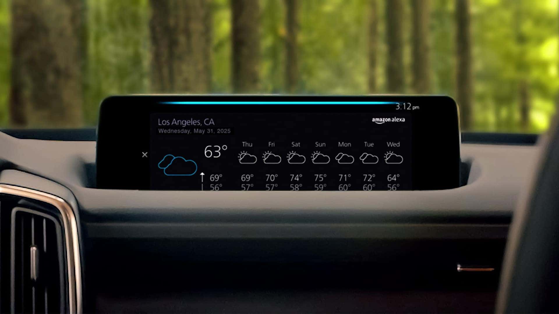 2026 Mazda CX-50 Hybrid center display showing an Alexa Built-in weather forecast