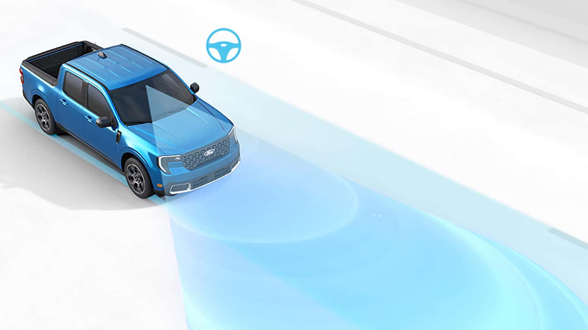 Illustration of a blue 2026 Ford Maverick with a highlighted path ahead and steering assistance icon