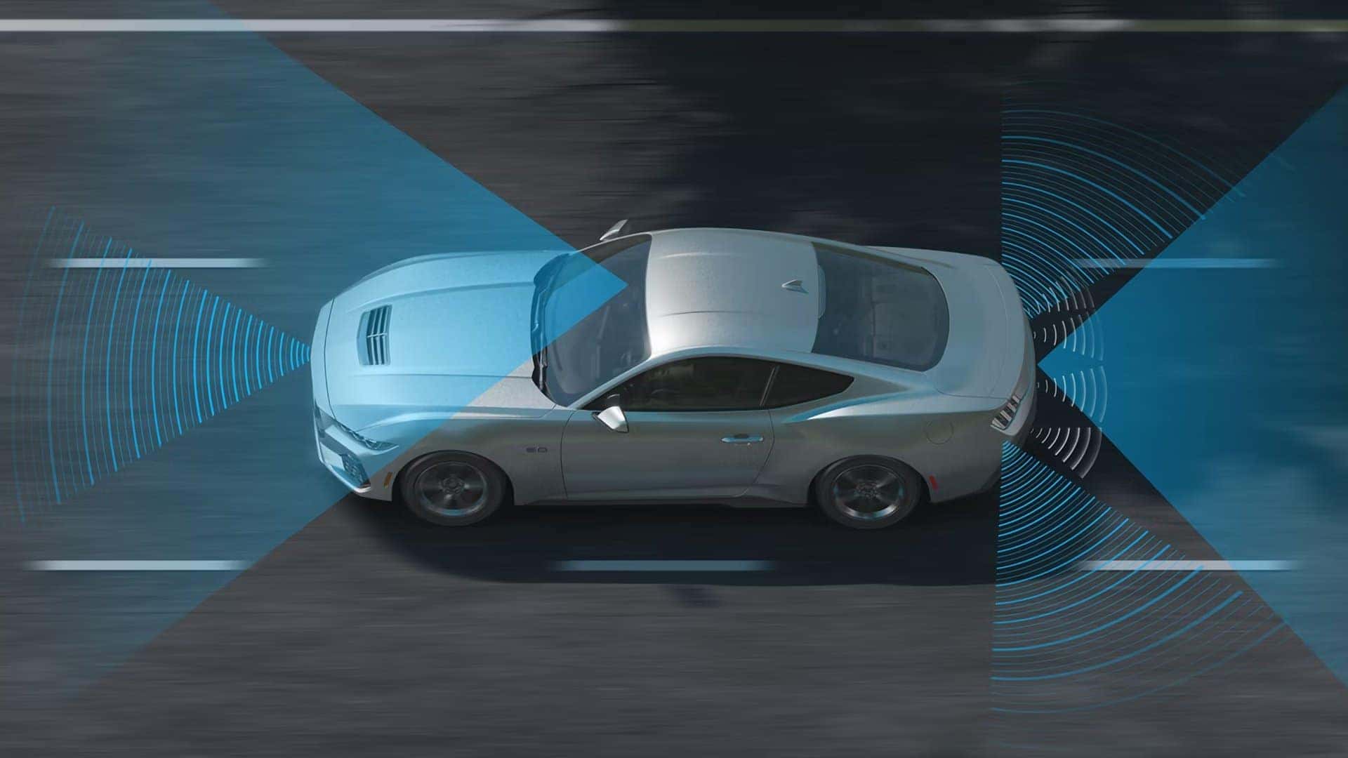 2026 Ford Mustang shown with driver-assist sensor coverage around the vehicle