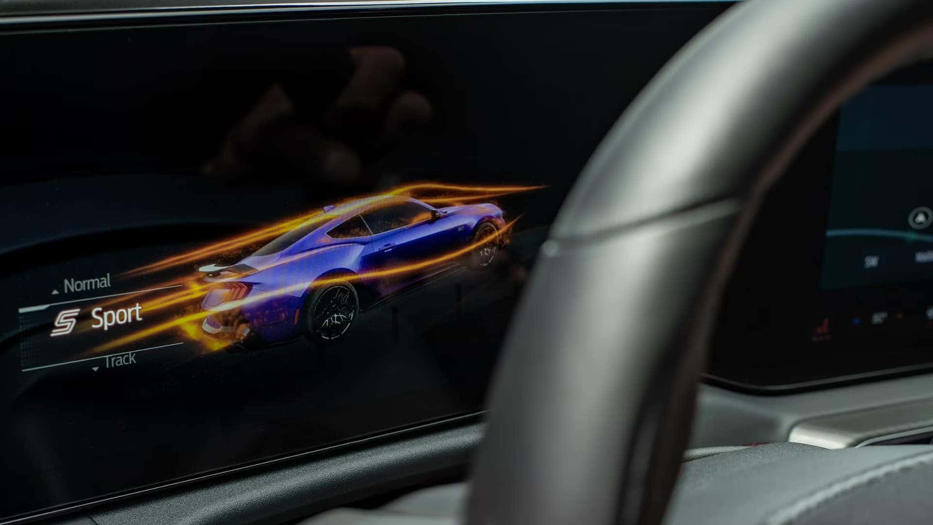 2026 Ford Mustang digital display showing selectable Normal, Sport, and Track drive modes