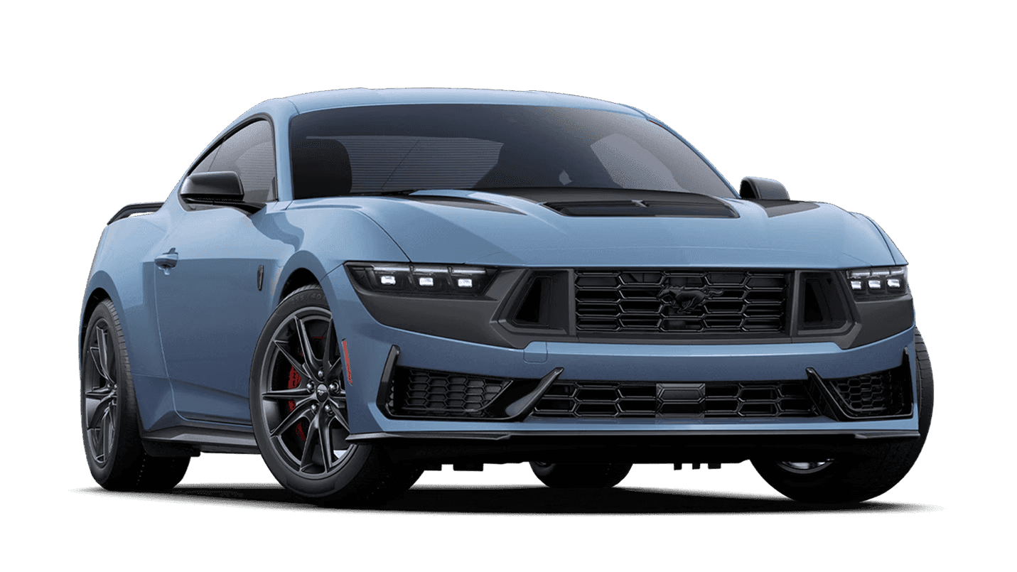 Vapor Blue 2026 Ford Mustang Dark Horse Premium shown from the front three-quarter view