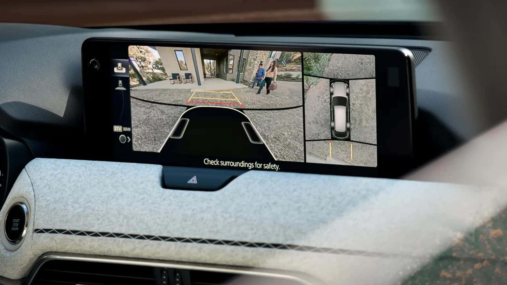 2026 Mazda CX-90 PHEV center display showing the 360-degree View Monitor while reversing