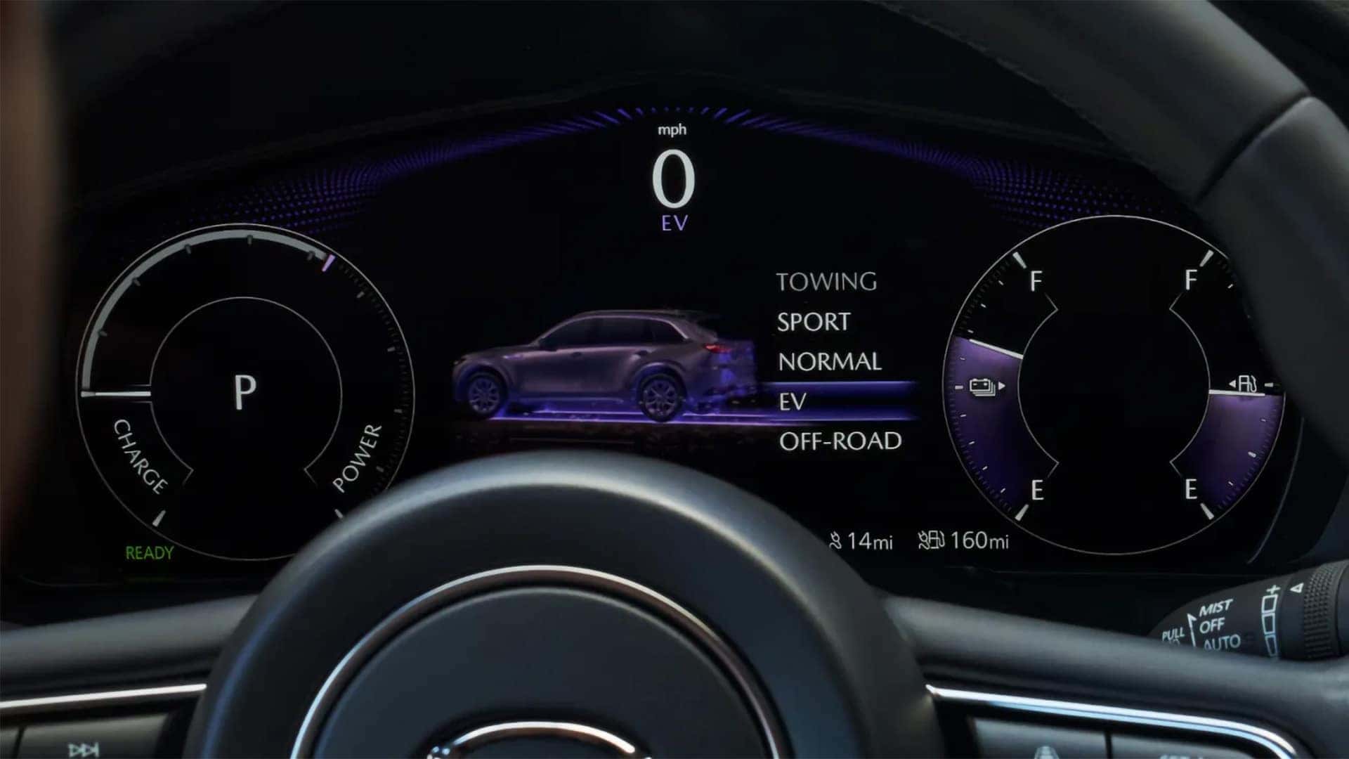 2026 Mazda CX-90 PHEV digital gauge cluster displaying available Mazda Mi-Drive modes
