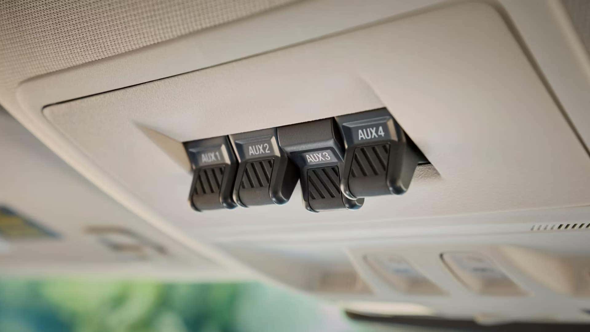 Ford Bronco Sport overhead auxiliary switches labeled AUX 1 through AUX 4