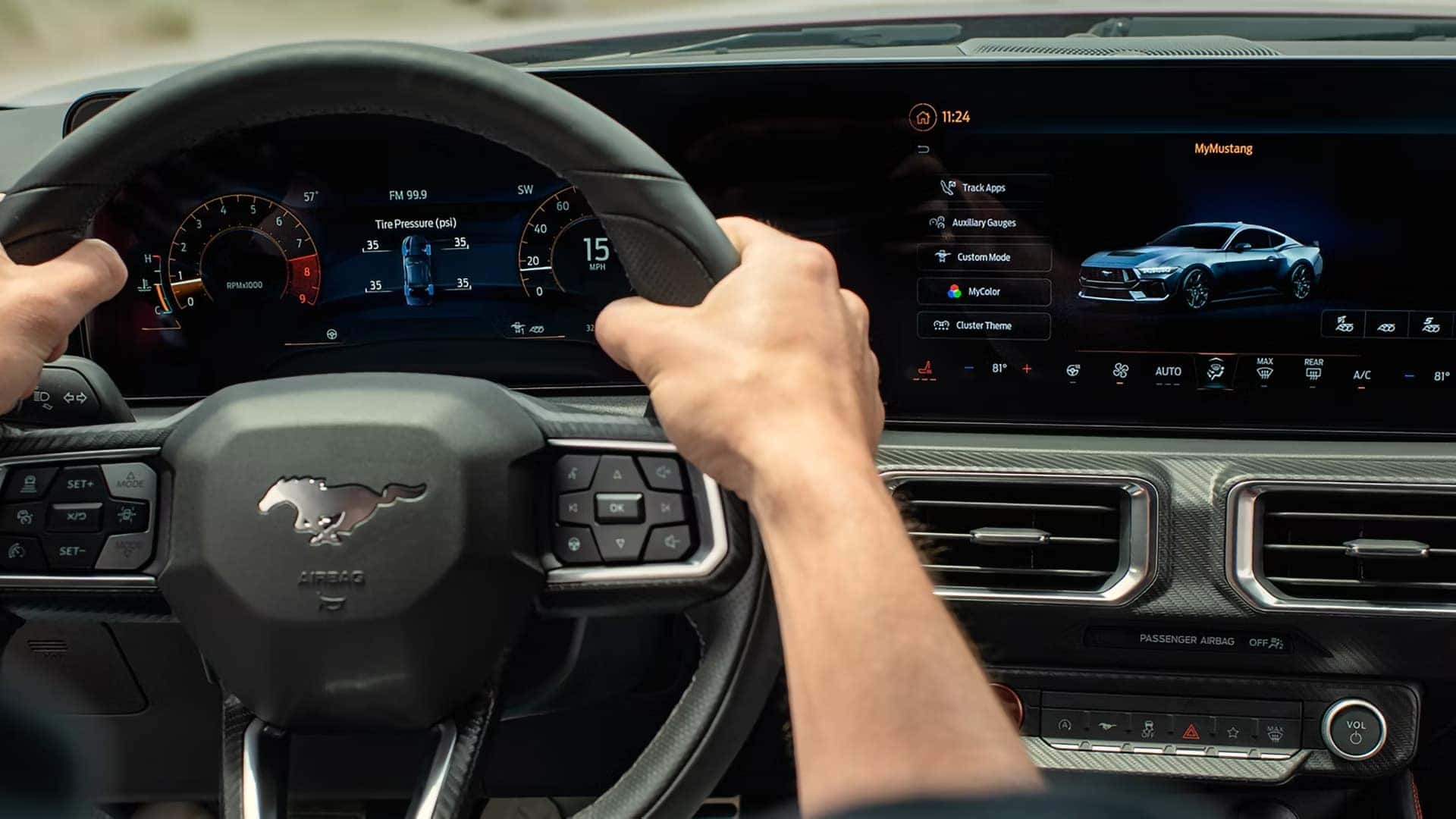 2026 Ford Mustang cockpit with digital gauge cluster, center touchscreen, steering wheel, and customizable vehicle settings