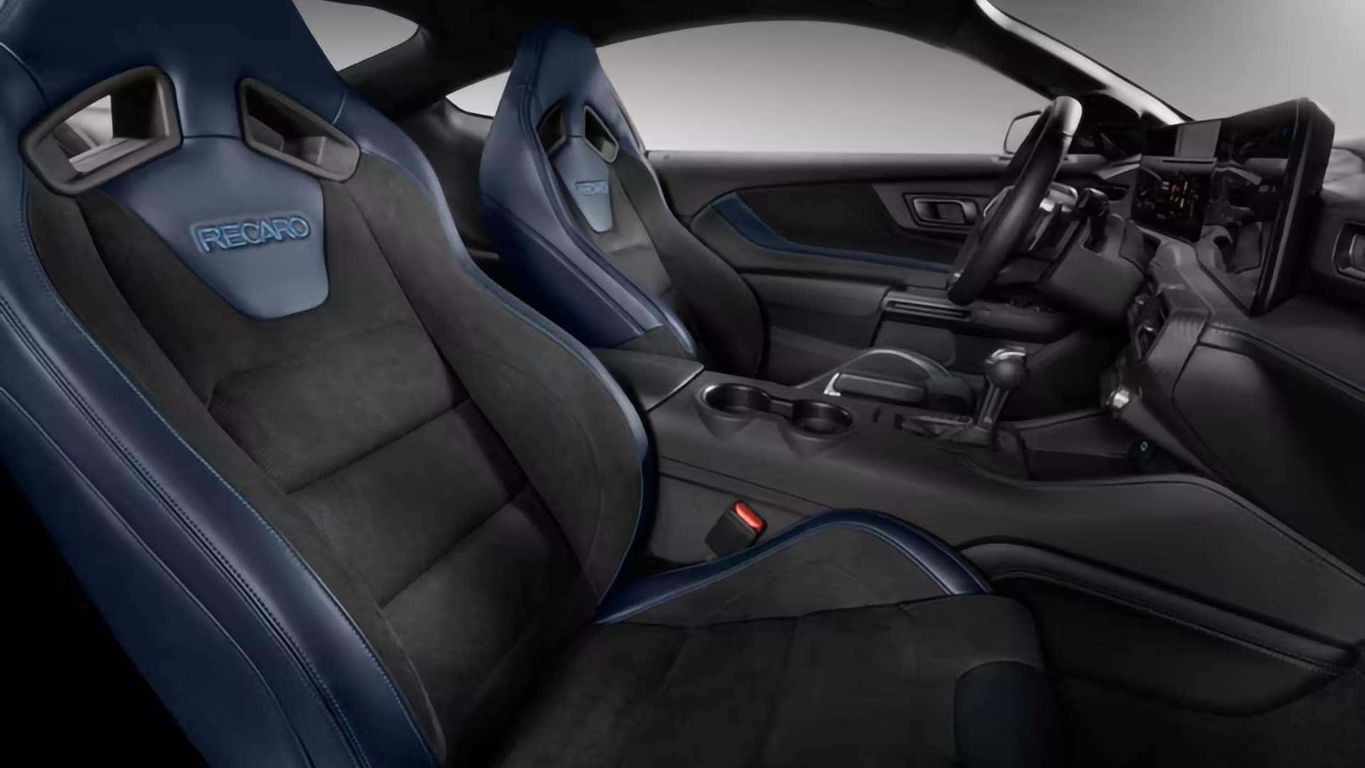 2026 Ford Mustang interior with blue RECARO sport seats and digital dashboard
