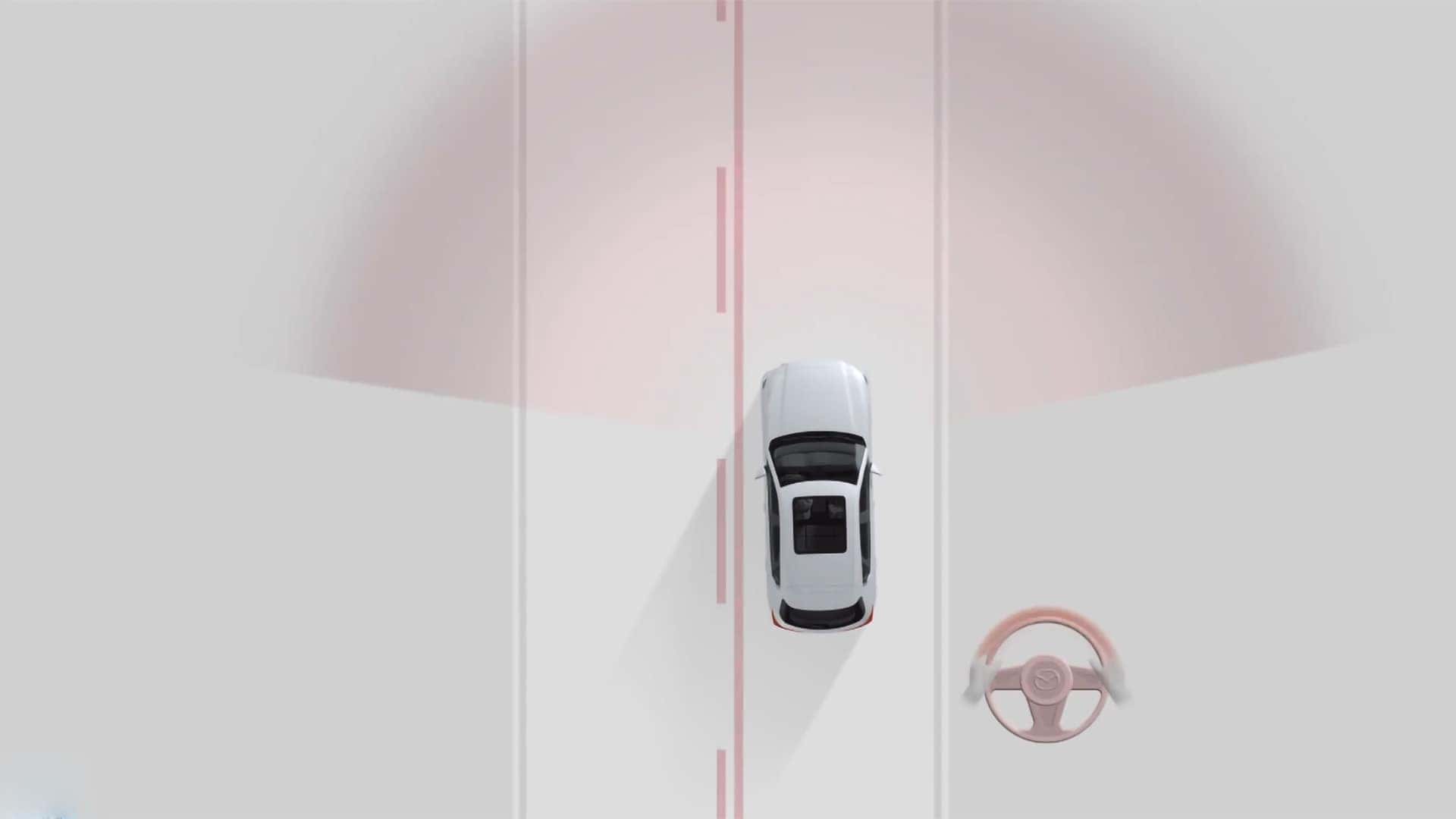 Illustration of Mazda lane assistance technology monitoring a vehicle between marked lanes