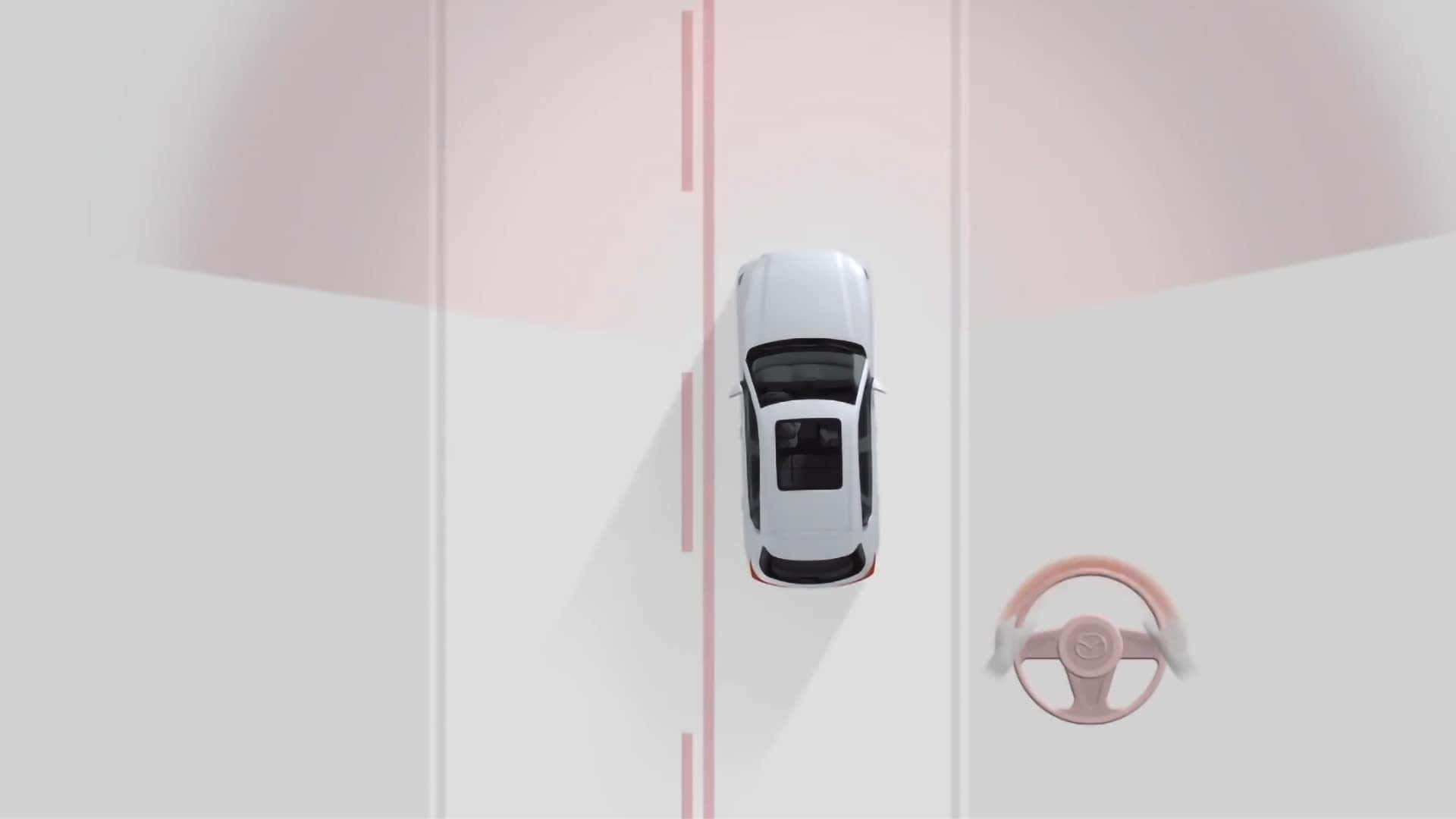 Illustration of Mazda lane assistance technology monitoring a vehicle within marked lanes