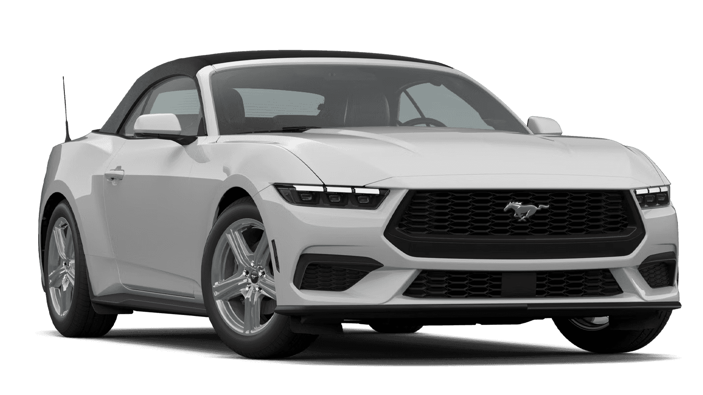 Avalanche Gray 2026 Ford Mustang EcoBoost Convertible with black soft top shown from the front