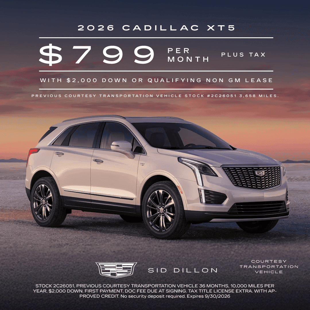 September lease offer on a 2026 Cadillac XT5 Premium Luxury courtesy transportation vehicle in Fremont Nebraska