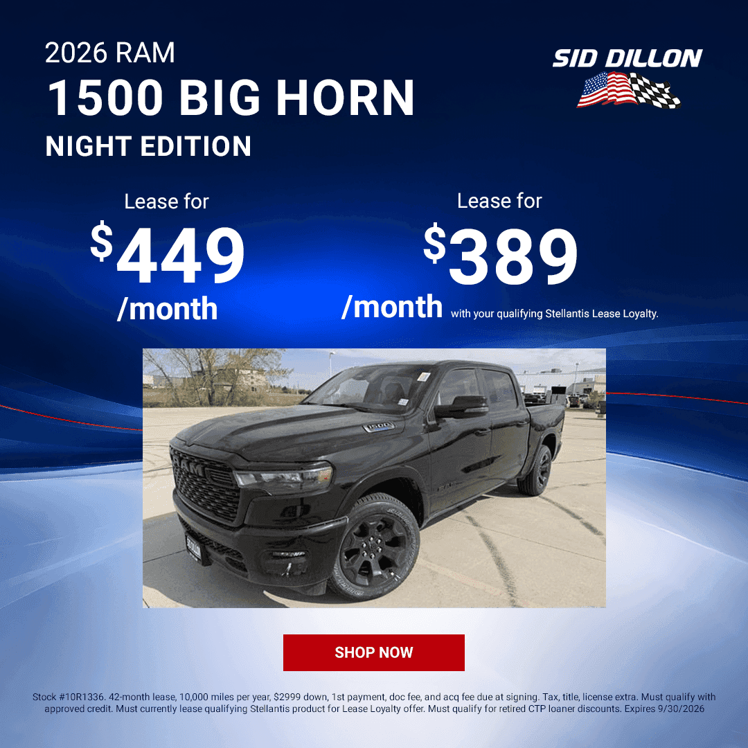 Black 2026 Ram 1500 Big Horn Night Edition featured in a September lease offer at Sid Dillon CDJR