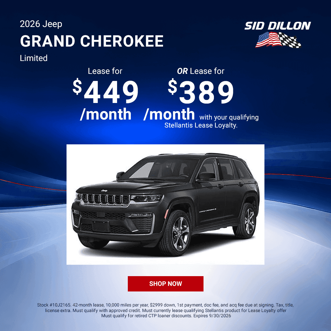 Black 2026 Jeep Grand Cherokee Limited featured in a September lease offer at Sid Dillon CDJR
