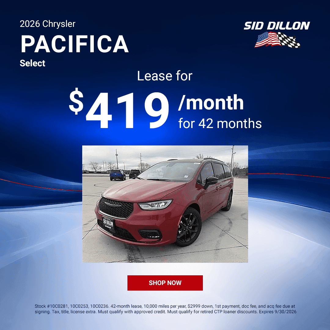 Red 2026 Chrysler Pacifica Select featured in a September lease offer at Sid Dillon CDJR