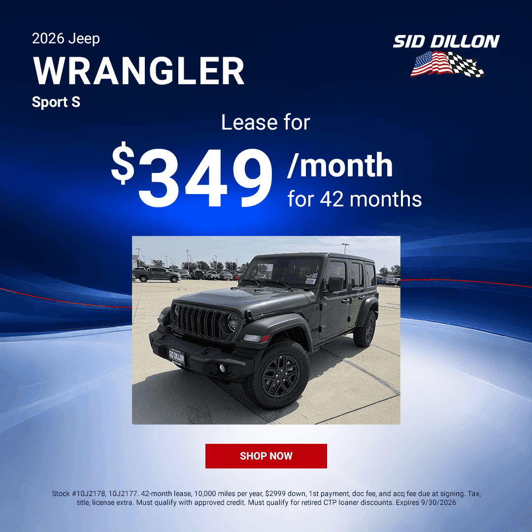 Gray four-door 2026 Jeep Wrangler Sport S featured in a September lease offer at Sid Dillon CDJR