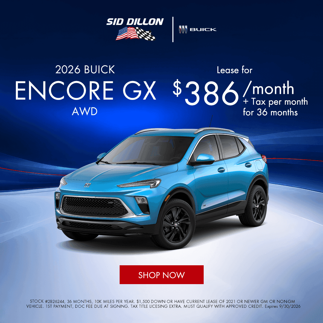 September lease special on a 2026 Buick Encore GX AWD for $386 per month in Fremont, NE
