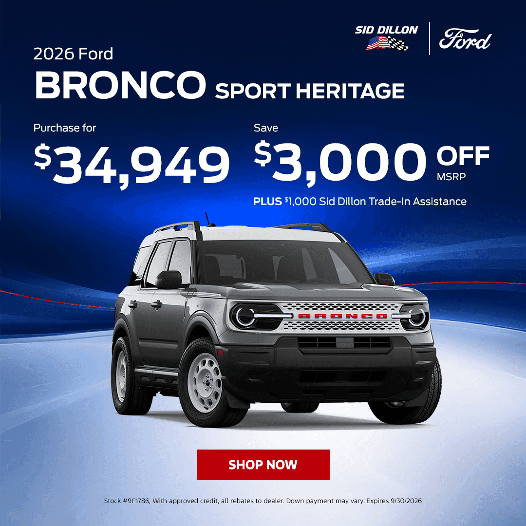 September savings on a gray 2026 Ford Bronco Sport Heritage with a $34,949 purchase price and $3,000 off MSRP