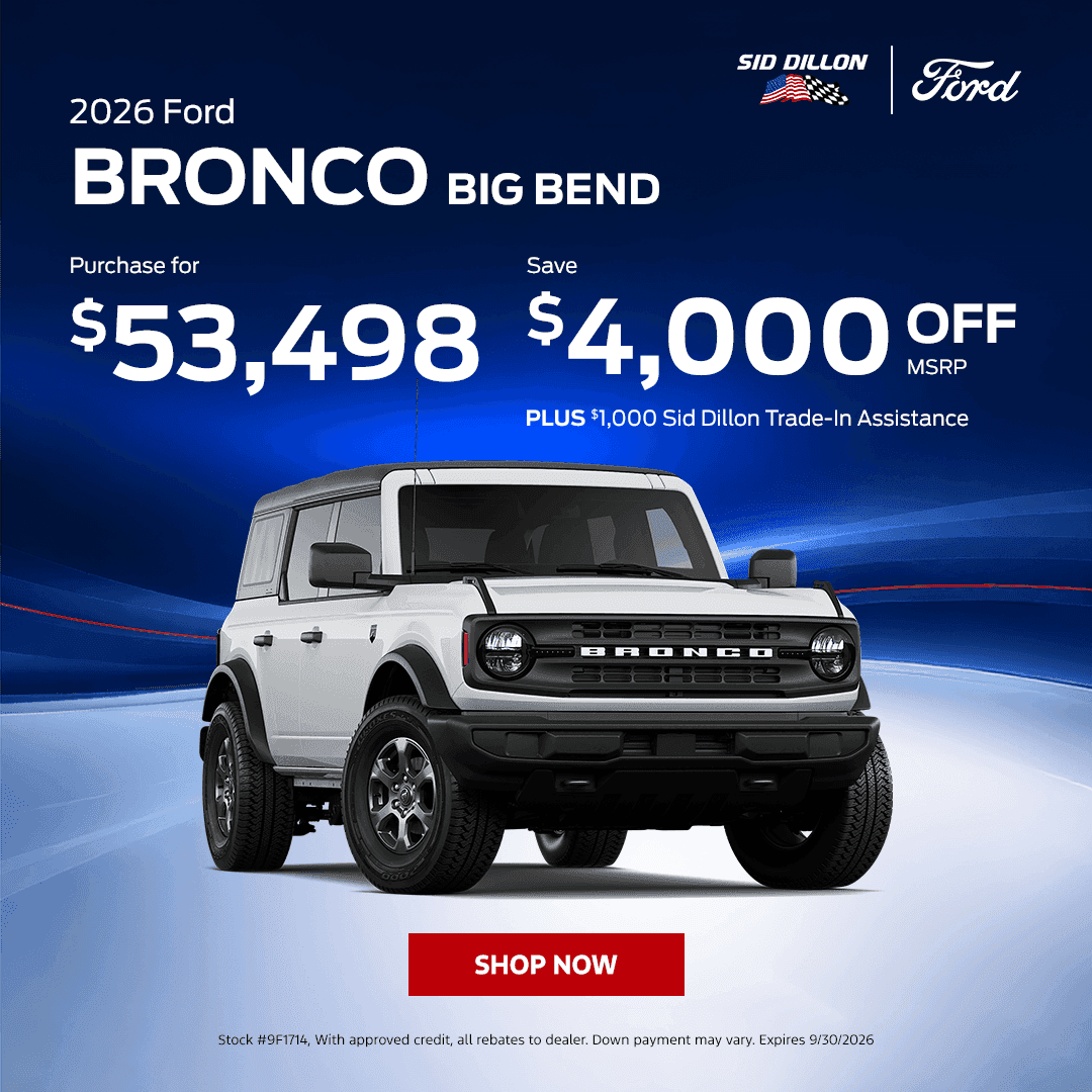 September savings on a white 2026 Ford Bronco Big Bend with a $53,498 purchase price and $4,000 off MSRP