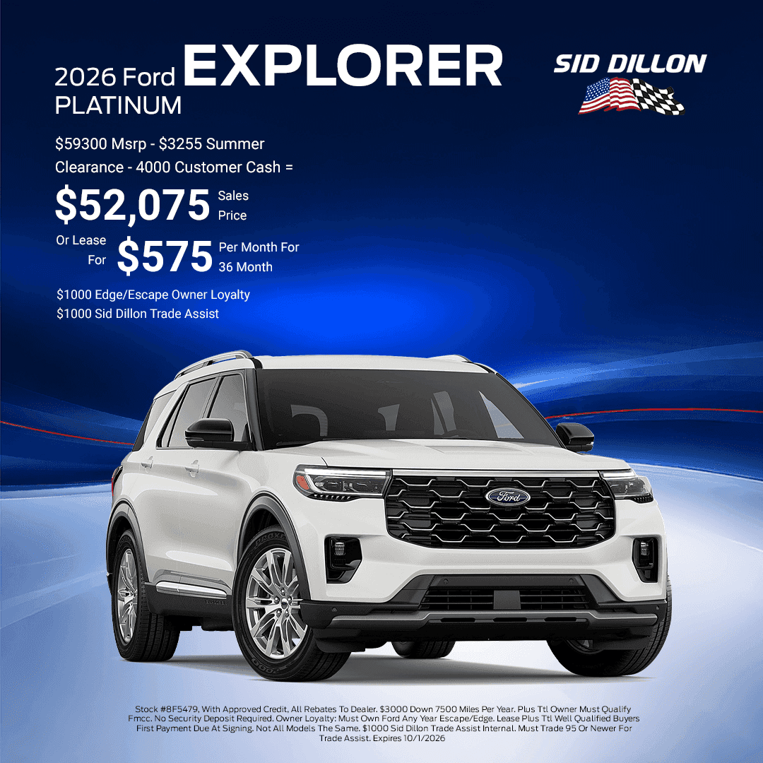 September offer for a white 2026 Ford Explorer Platinum with a $52,075 sales price or $575 monthly lease