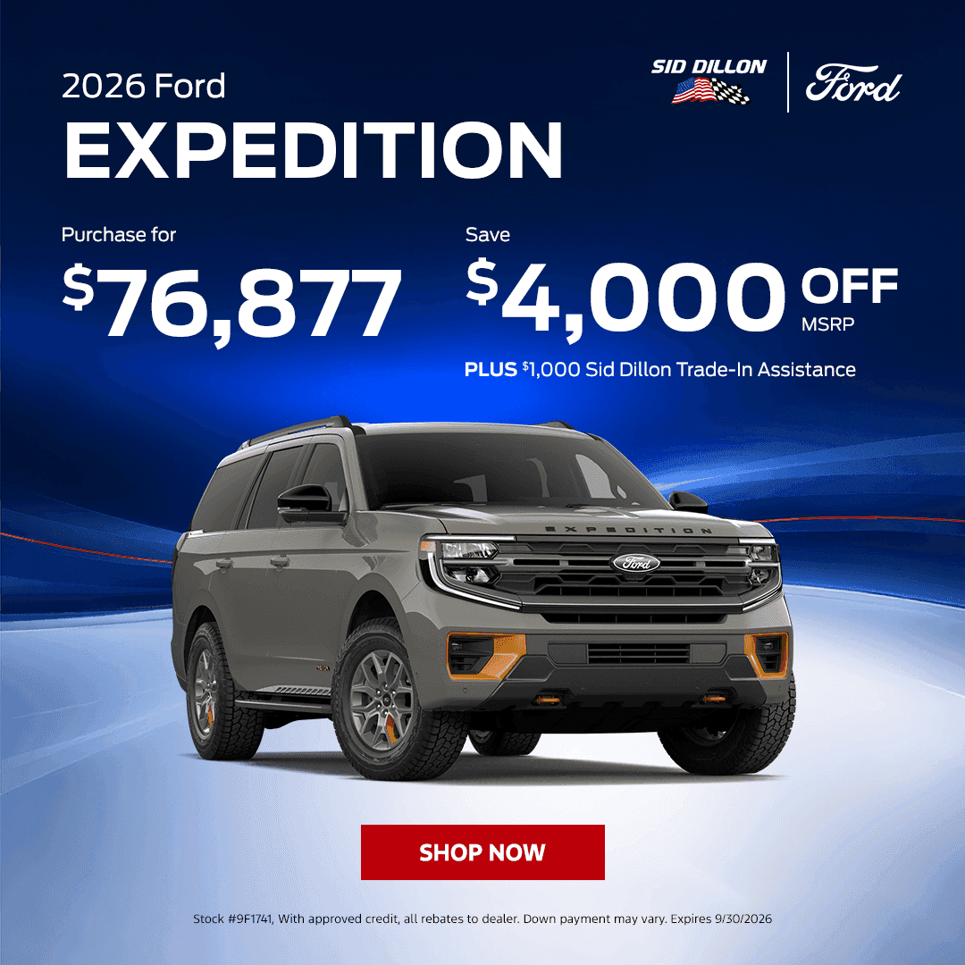 September savings on a gray 2026 Ford Expedition Active with a $76,877 purchase price and $4,000 off MSRP