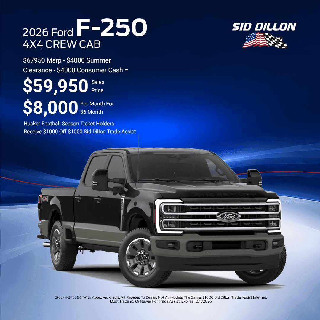 September offer for a black 2026 Ford F-250 4x4 Crew Cab priced at $59,950 with $8,000 in savings