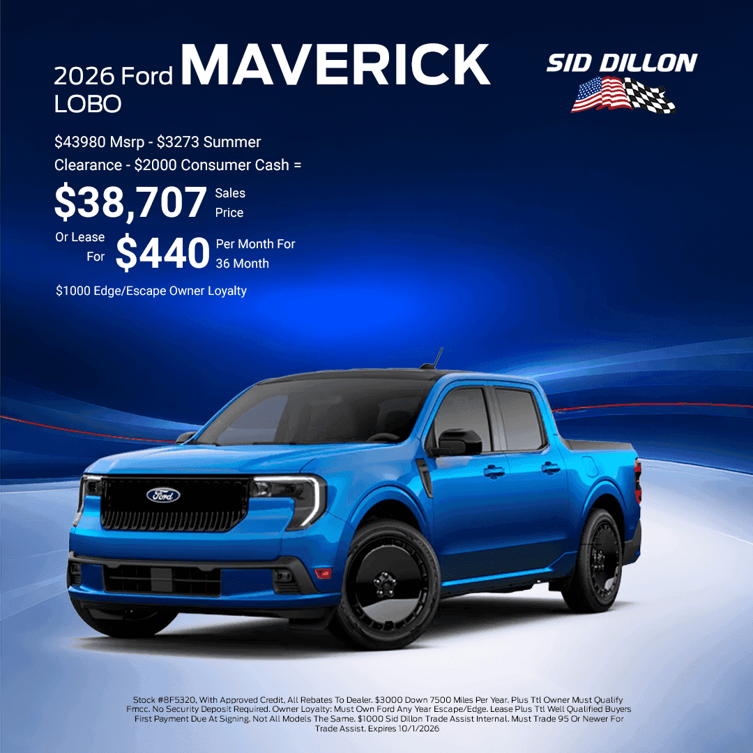 September offer for a blue 2026 Ford Maverick Lobo with a $38,707 sales price or $440 monthly lease