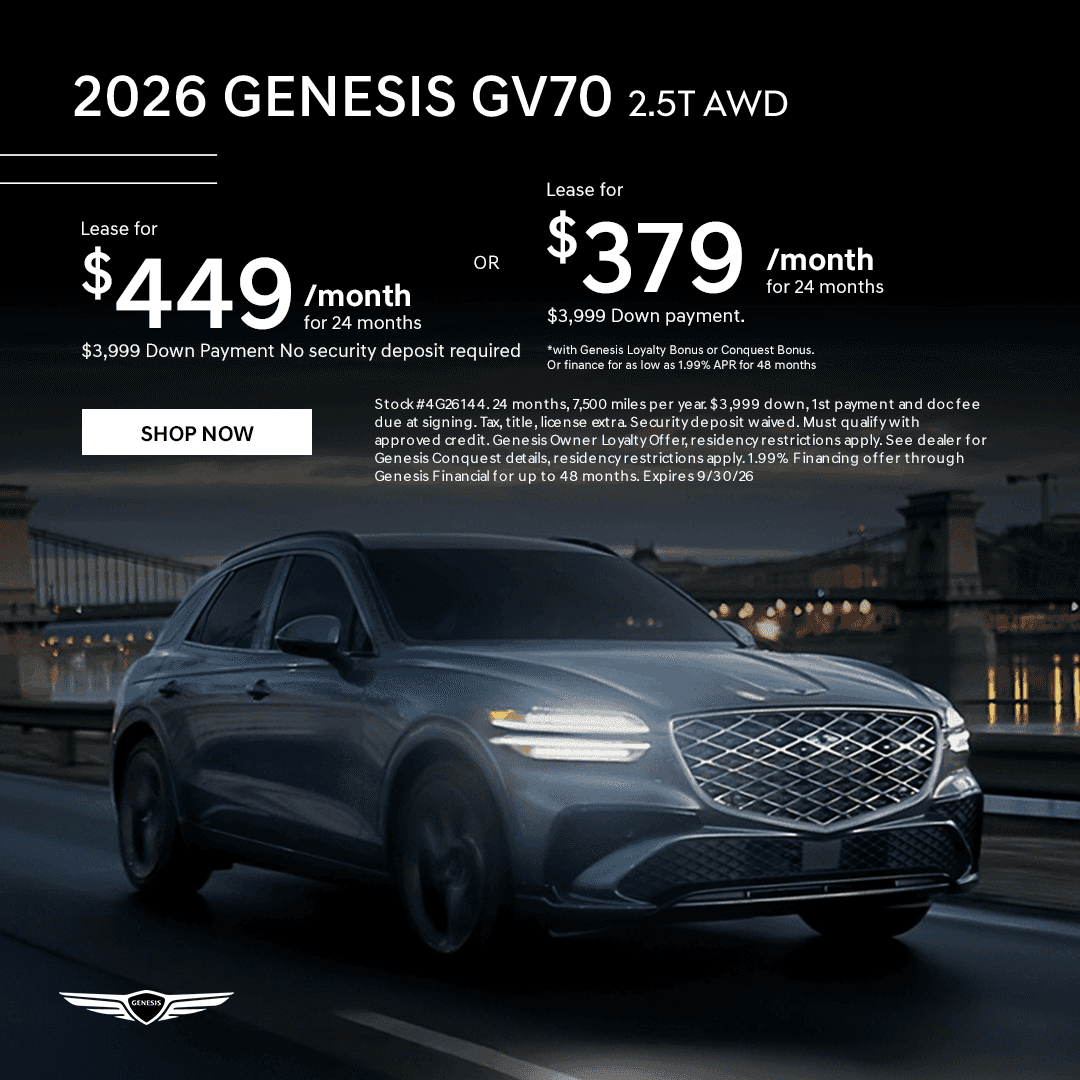 September 2026 Genesis GV70 2.5T AWD lease offer at Sid Dillon Genesis of Lincoln for as low as $379 per month
