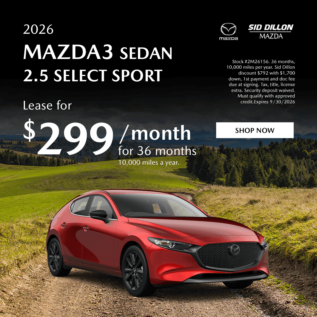 Red 2026 Mazda3 Sedan 2.5 S Select Sport available to lease for $299 per month in Fremont
