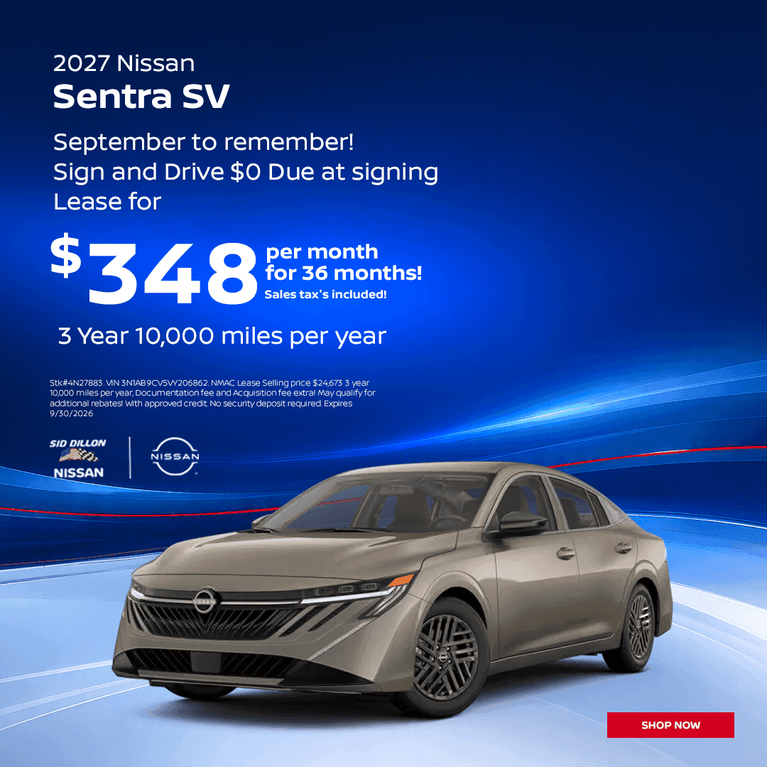 September 2027 Nissan Sentra SV lease for $348 per month with $0 due at signing at Sid Dillon Nissan of Lincoln