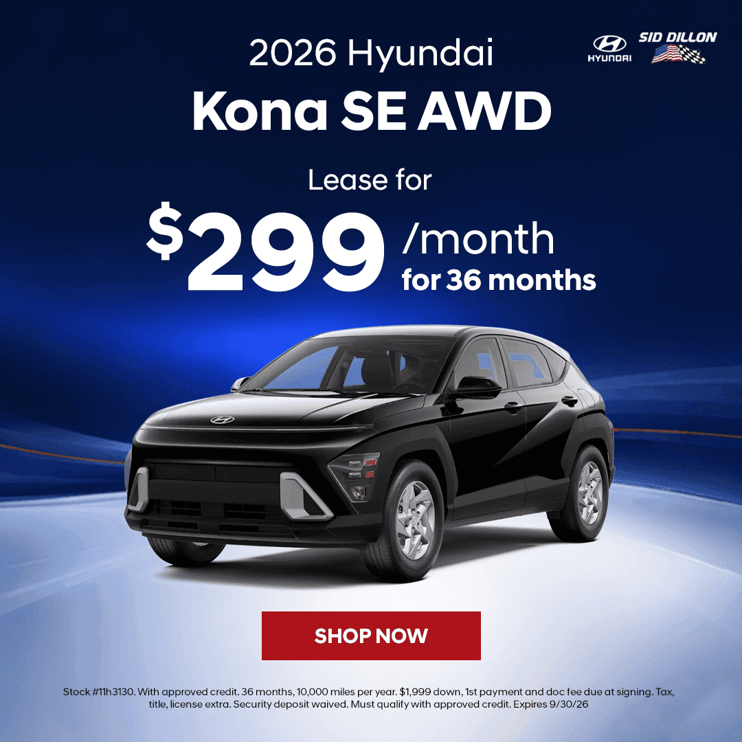 2026 Hyundai Kona SE AWD lease offer for $299 per month for 36 months at Sid Dillon Hyundai of Lincoln