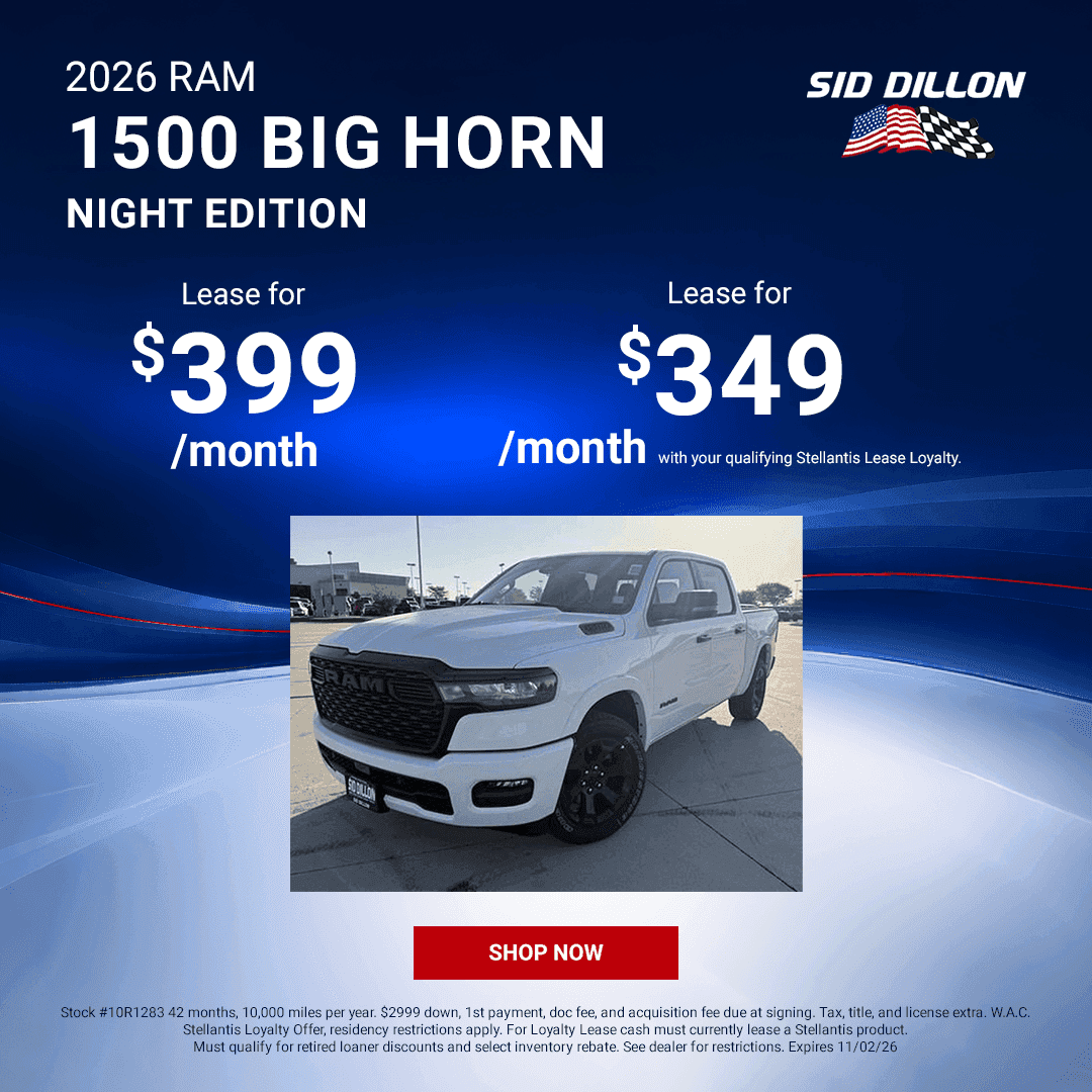 October lease offer for a white 2026 Ram 1500 Big Horn Night Edition pickup at Sid Dillon