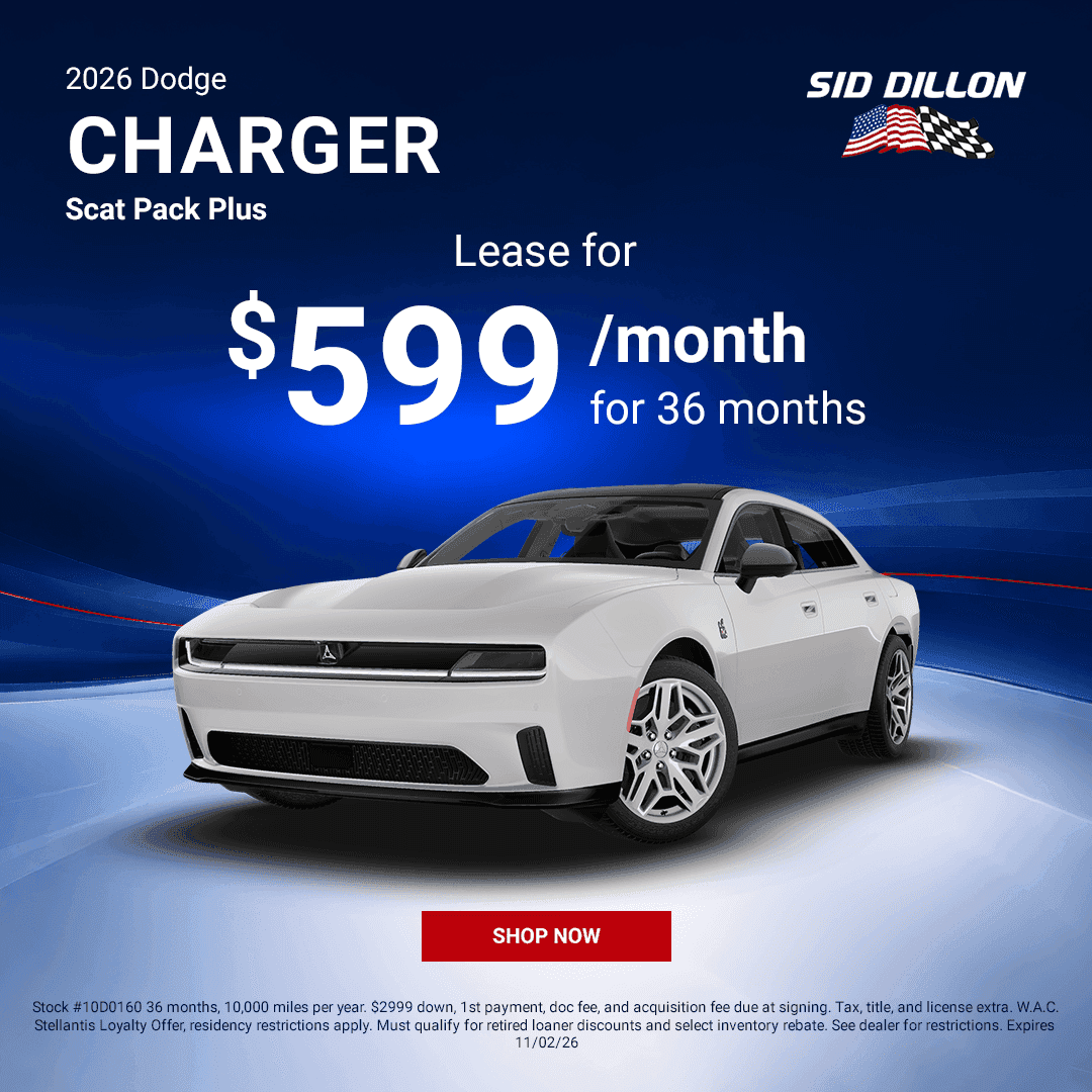 October lease offer for a white 2026 Dodge Charger Scat Pack Plus performance car at Sid Dillon