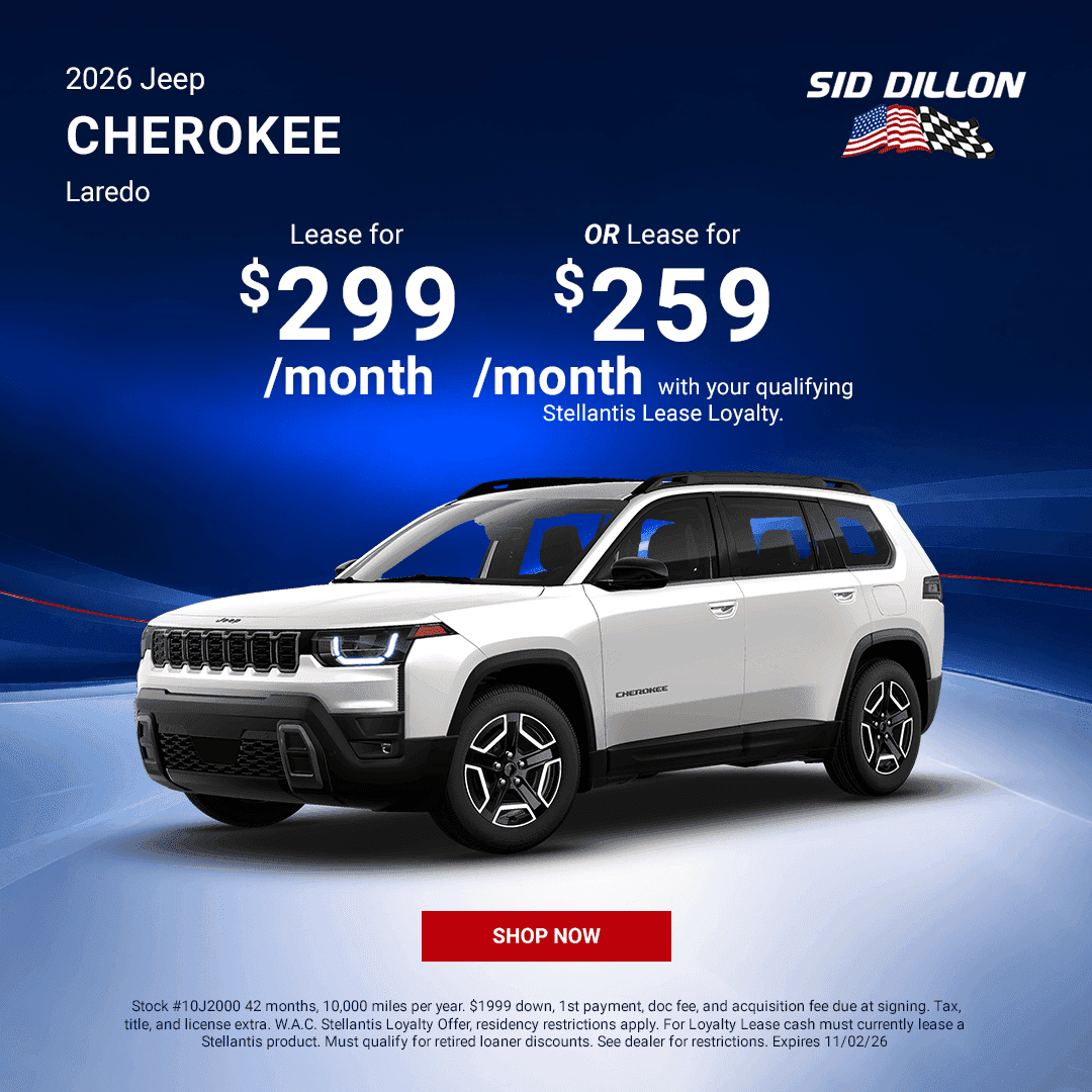 October lease offer for a white 2026 Jeep Cherokee Laredo turbo hybrid SUV at Sid Dillon