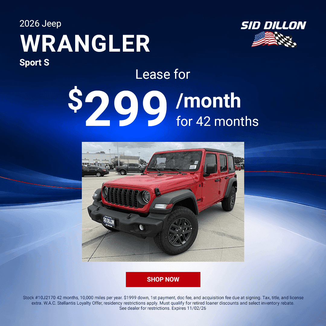October lease offer for a red 2026 Jeep Wrangler Sport S four-door SUV at Sid Dillon