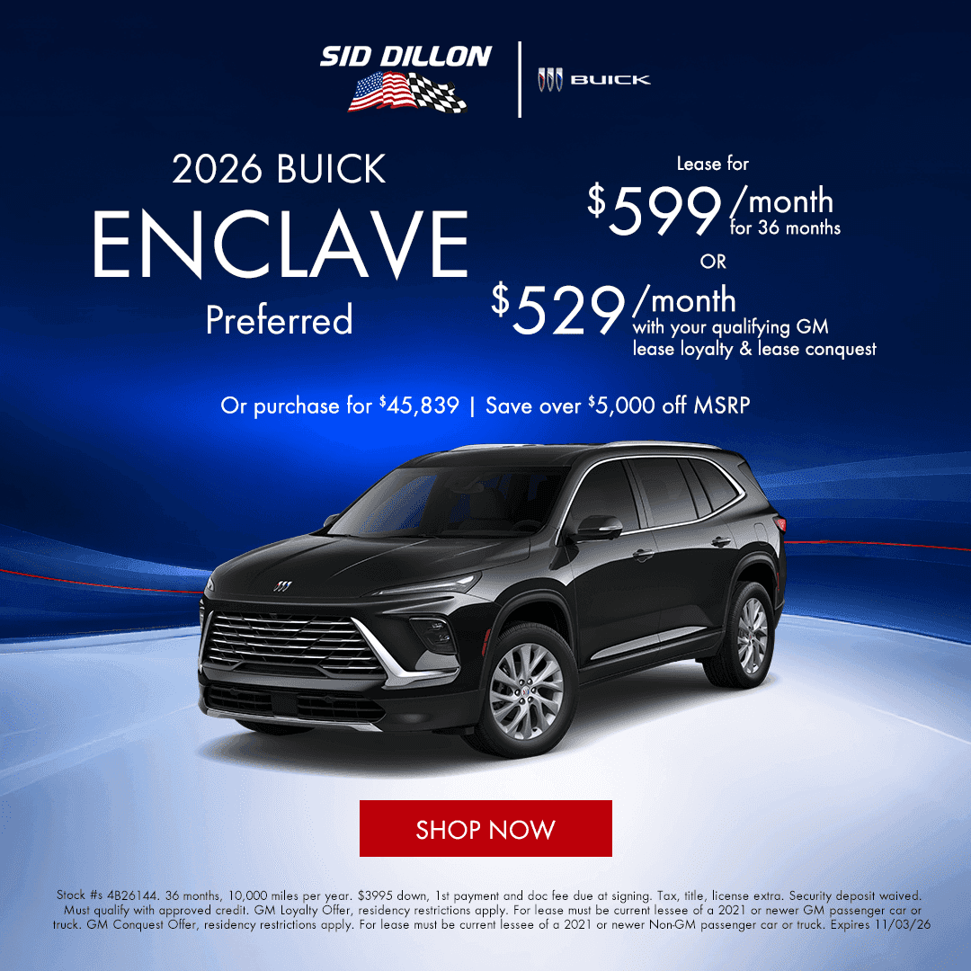 October 2026 Buick Enclave Preferred lease special in Lincoln NE, $599 monthly or $529 with qualifying GM offers