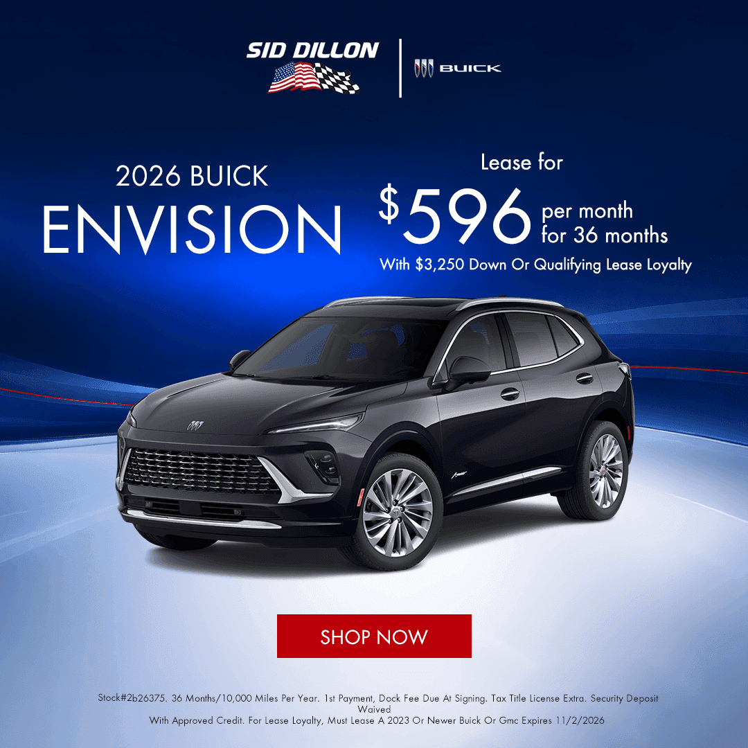 October 2026 Buick Envision Preferred AWD lease offer at Sid Dillon Buick GMC Fremont for $596 per month for 36 months