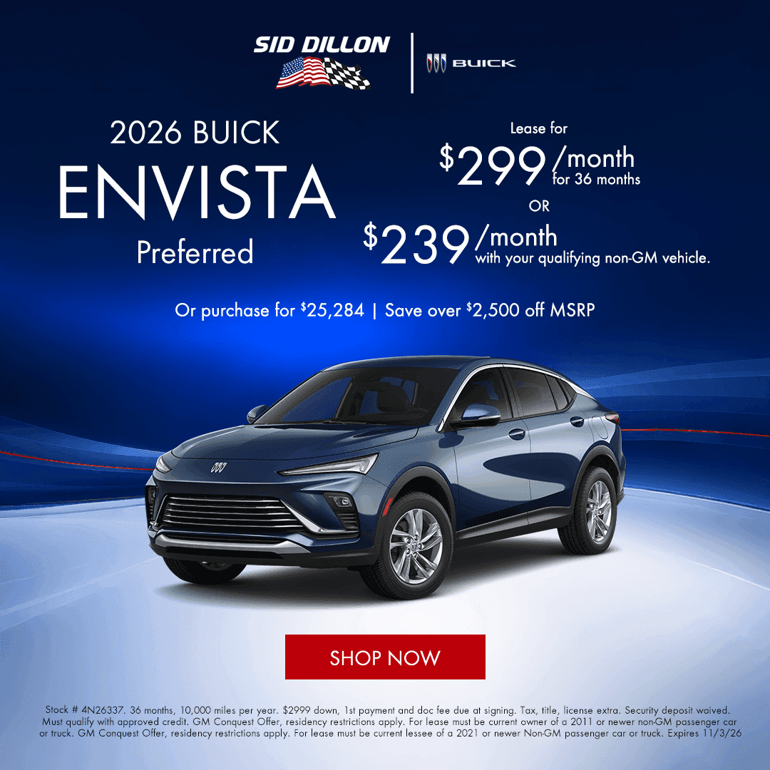 October 2026 Buick Envista Preferred lease offer at Sid Dillon Buick of Lincoln, $299 monthly or $239 with qualifying non-GM vehicle