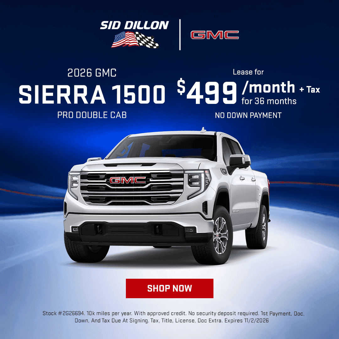 2026 GMC Sierra 1500 Pro Double Cab October lease special at Sid Dillon GMC Fremont, $499 per month for 36 months with no down payment