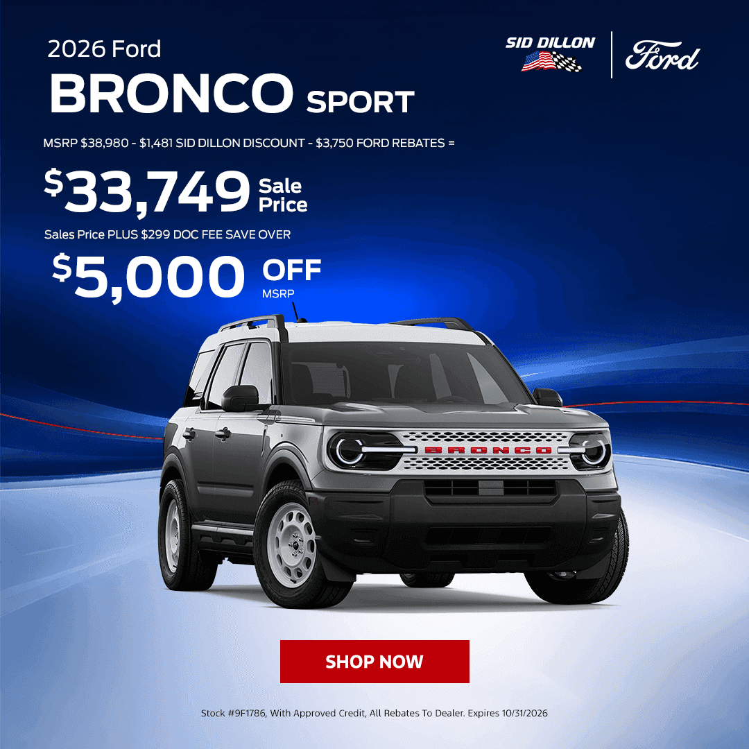 October 2026 Ford Bronco Sport Heritage offer in Wahoo, NE, featuring a $33,749 sale price and over $5,000 off MSRP