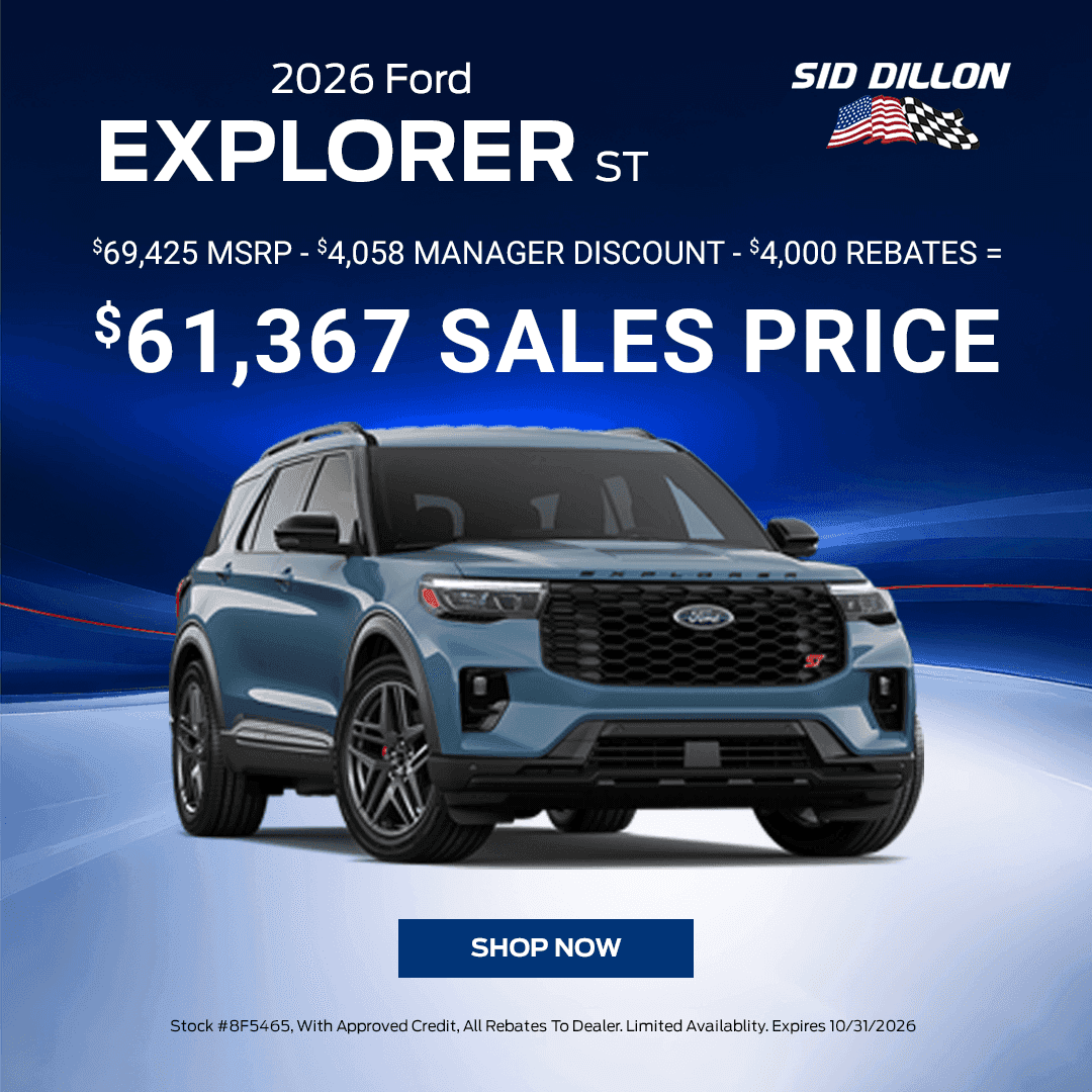 October 2026 Ford Explorer ST performance SUV special at Sid Dillon Ford of Crete with $61,367 sales price